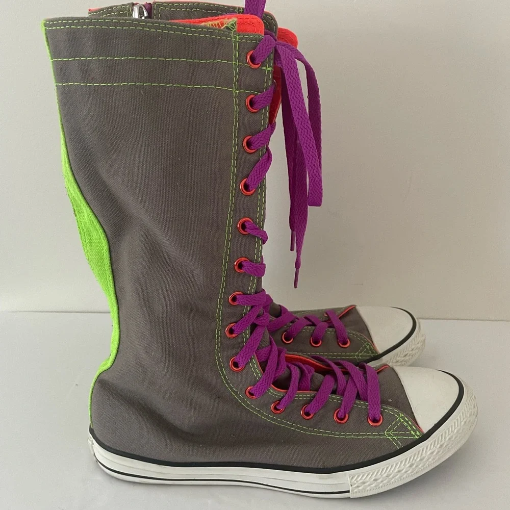 Gray and Green High-Top Sneakers with Purple Laces - Picture 6 of 14